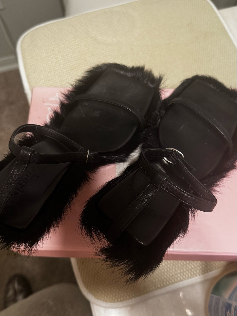 Hanifa Black Faux-Fur Slide Heels